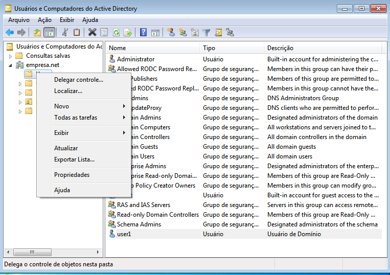 Domínio Samba4 gerenciado via Usuários e Computadores do Active Directory, a ferramenta nativa do Windows